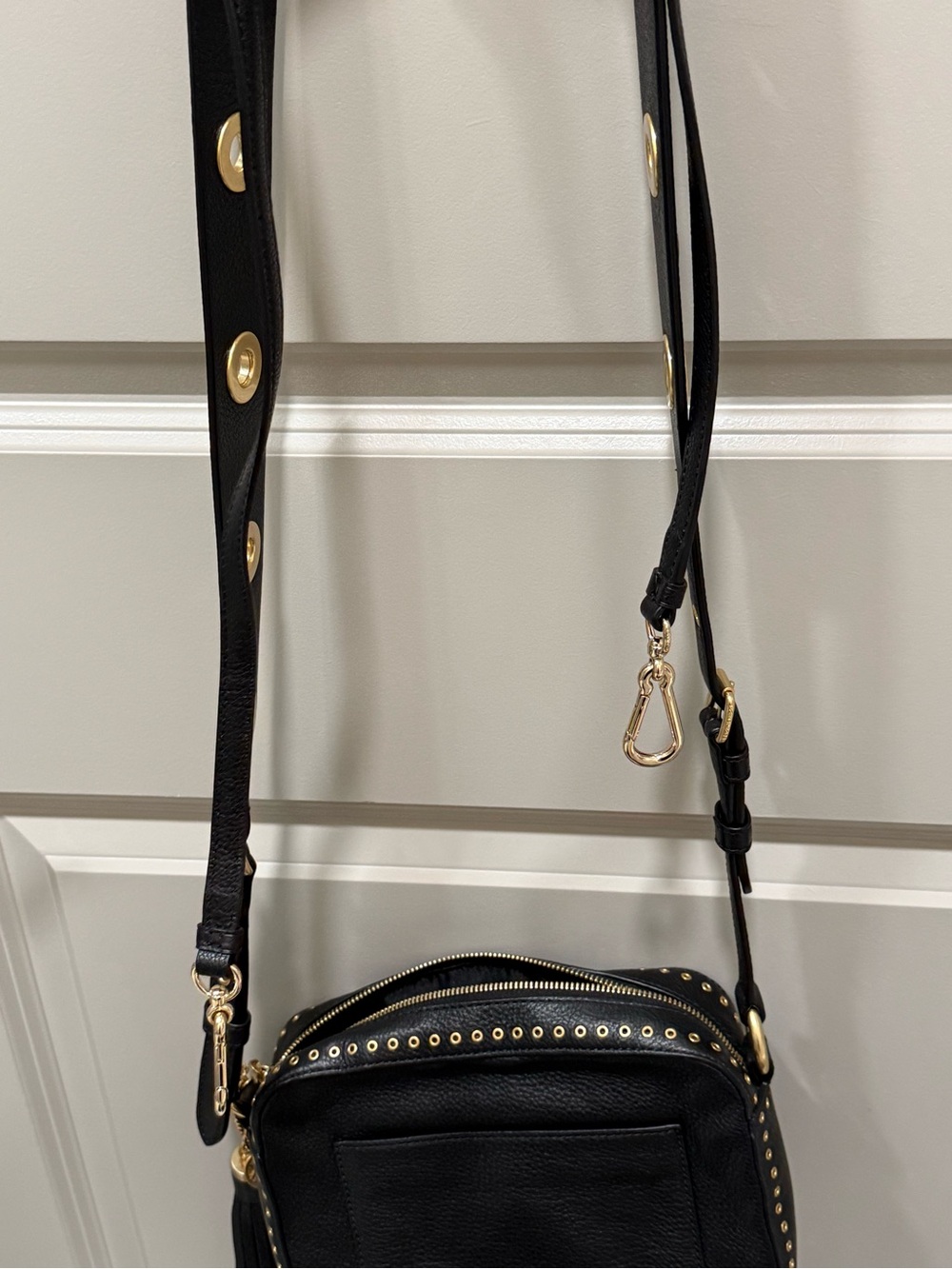 Michael Kors Black Leather Crossbody with Gold Stud Trim and Tassel - Picture 4 of 5